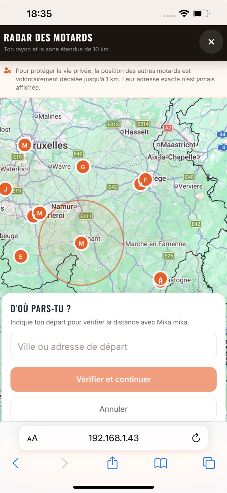 Radar Motard affichant les motards disponibles autour de soi
