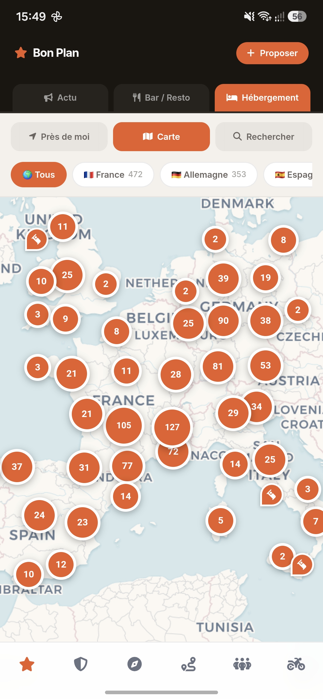 Carte européenne des établissements motor-friendly dans OldiBike
